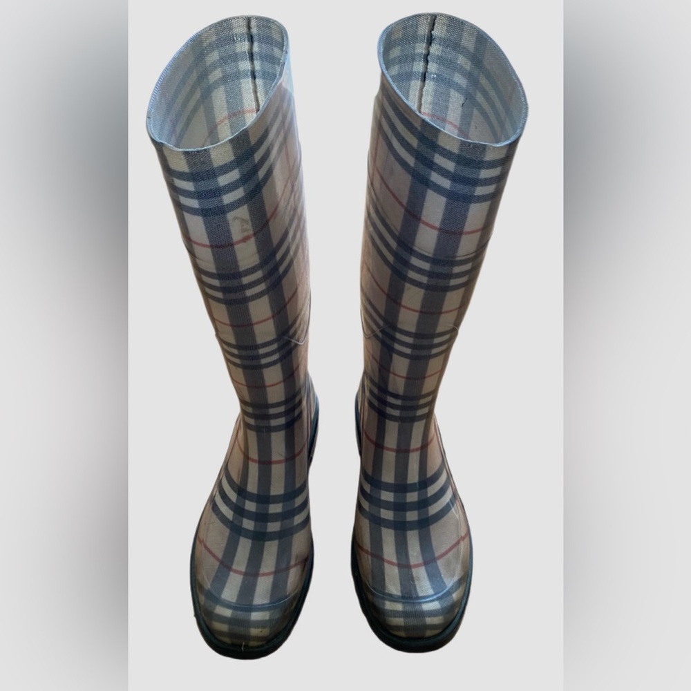 Burberry Black, Gray & Red Vintage Rain Boots Stylish Waterproof Design Size 8